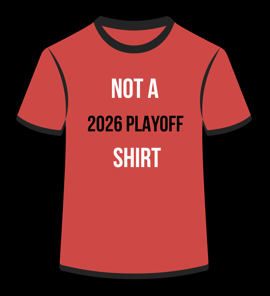 A black t-shirt with white and red text reading 'NOT A 2026 PLAYOFF SHIRT' — the shirt the Trail Blazers didn't give out at home playoff games.
